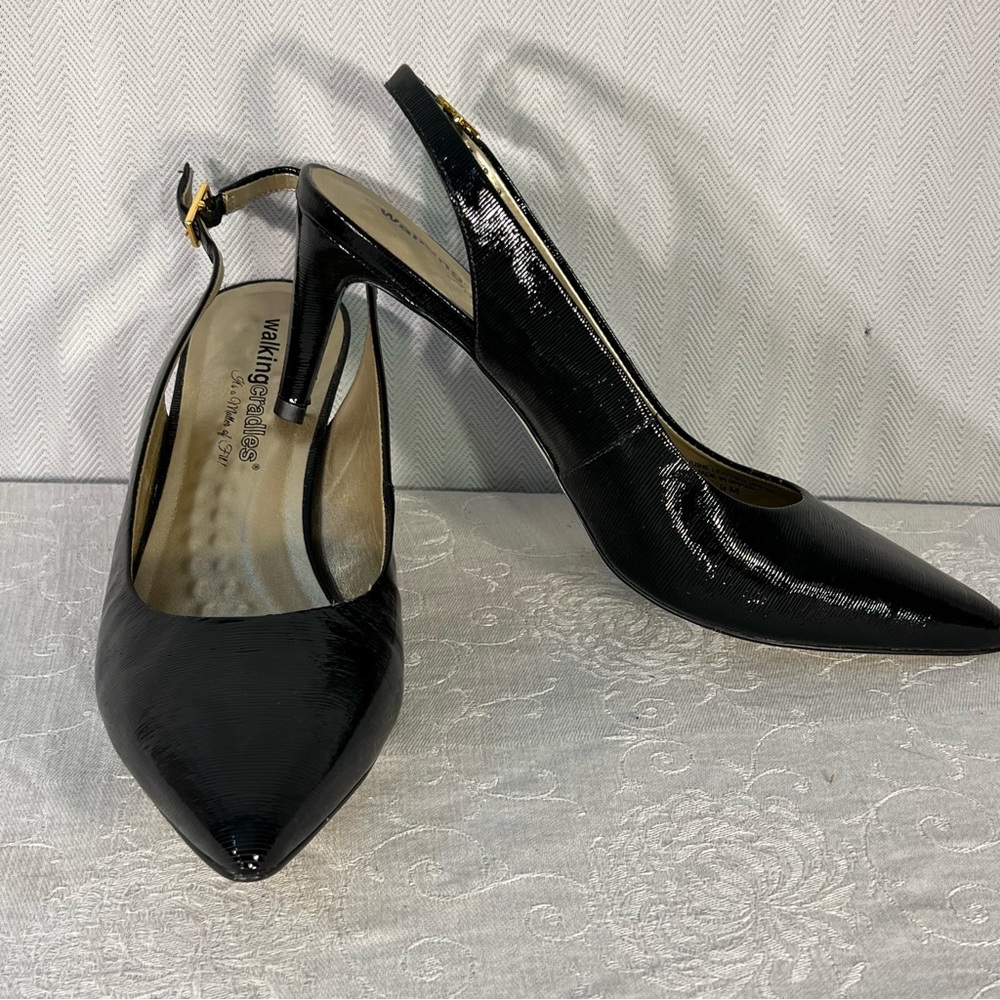 Walking Cradles Shiny Black Slingback Heels